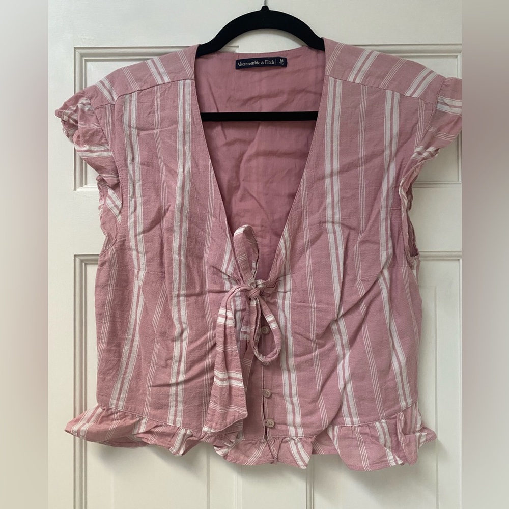 Abercrombie & Fitch Medium Pink and White Striped Button Up Blouse